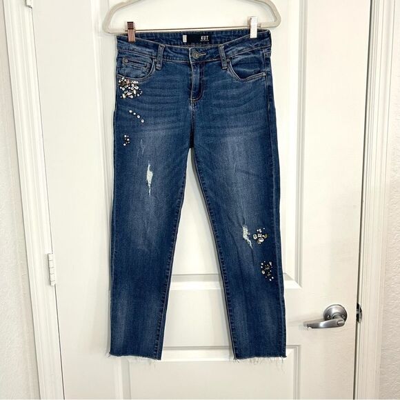 KUT From The Kloth Catherine Ankle Straight Leg Jewel Distressed Jean Size 4 - Picture 1 of 11